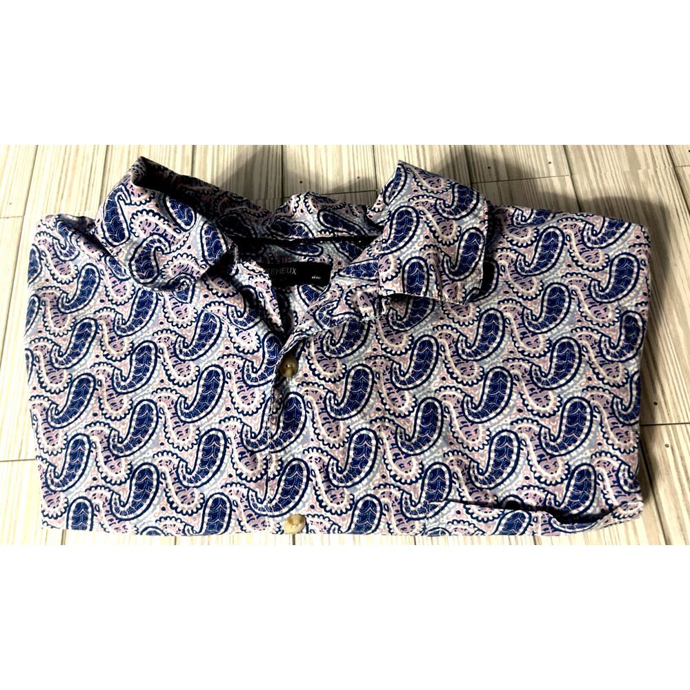Cremieux Shirt Men Size Large Blue Pink Floral Paisley Button Shor Sleeve Cotton